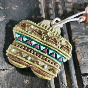 Artisan Tribal Flower Unglazed Clay Green White Multicolor OOAK Pendant Necklace
